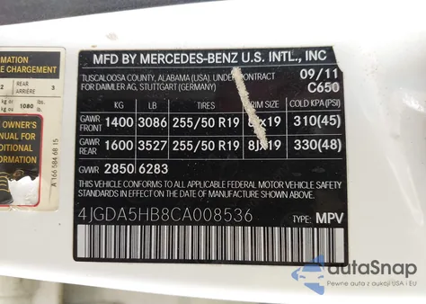 2012 Mercedes-Benz Ml 350 4Matic из США, поврежденный, VIN 4JGDA5HB8CA008536